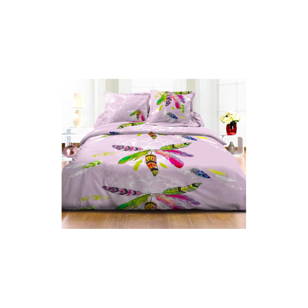 Parure de lit Imprimée Plume Multicouleur - 220x240cm - Housse de couette + Taies d'Oreillers