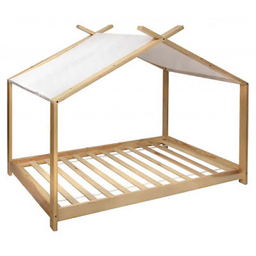 Lit Tente Enfant - Bois 90x190 cm - Lit Cabane Bois de Pin Beige