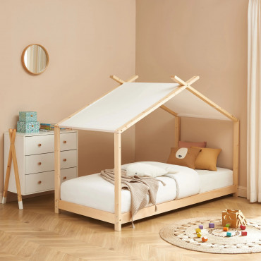 Lit Tente Enfant - Bois 90x190 cm - Lit Cabane Bois de Pin Beige