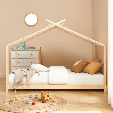 Lit Tente Enfant - Bois 90x190 cm - Lit Cabane Bois de Pin Beige