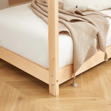 Lit Tente Enfant - Bois 90x190 cm - Lit Cabane Bois de Pin Beige