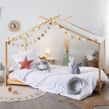 Lit Tente Enfant - Bois 90x190 cm - Lit Cabane Bois de Pin Beige