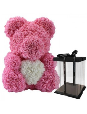 Ours en Rose avec Cœur dans sa boîte – H35cm