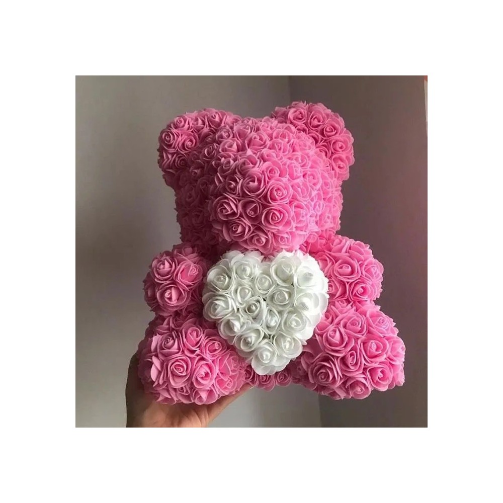 Ours en Rose avec Coeur dans sa boîte – Saint Valentin, Mariage, Noël, Cadeau, Anniversaire, Fête des Mères - H20cm