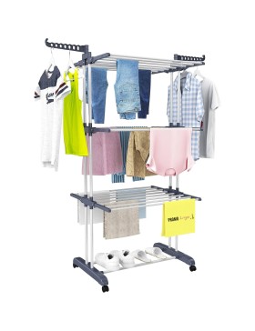 Étendoir à Linge sur roulette, 3 Niveaux, Gris/Blanc